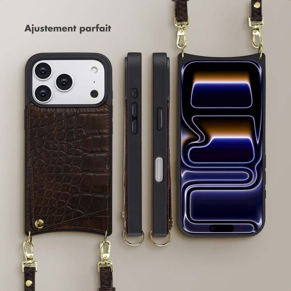 Selencia Coque de télephone Nova Croco avec cordon et porte-cartes Apple iPhone 17 Pro - Choco Brown