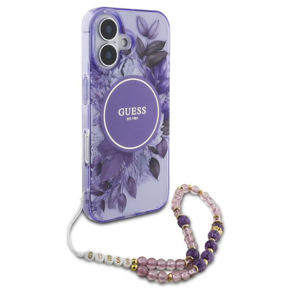 Guess MagSafe IML Flowers Case avec beads strap Apple iPhone 16 - Purple
