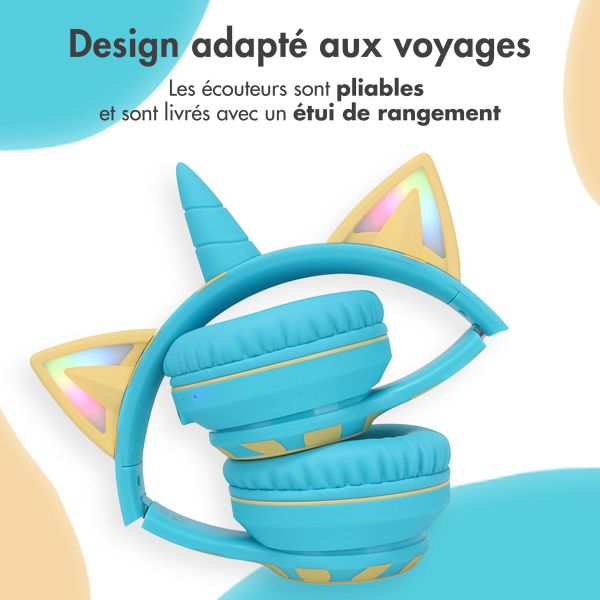 imoshion Casque sans fil pour enfants Unicorn LED Light - Limiteur de décibels - Avec câble AUX - Soft Blue / Yellow