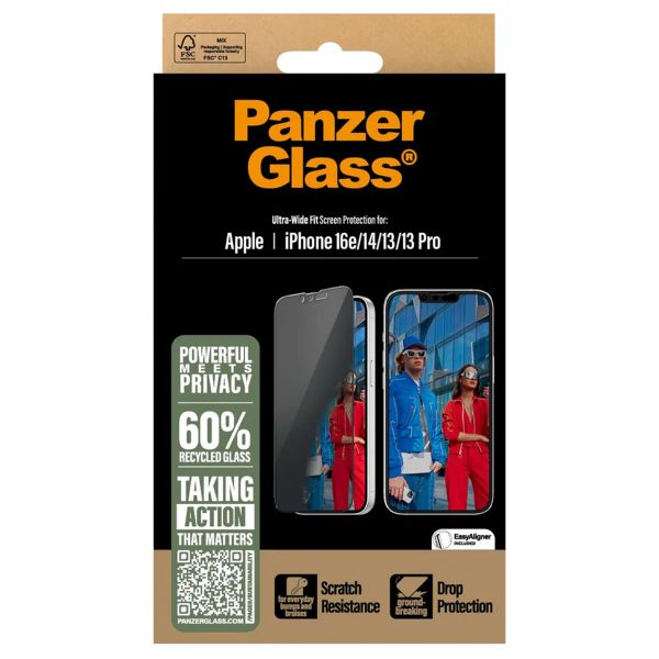 PanzerGlass ﻿Protection d'écran Privacy Ultra-Wide Fit Anti-bactérienne avec applicateur iPhone 13 / 13 Pro / 14 / 16e