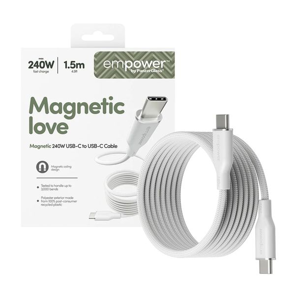 Empower by PanzerGlass Câble de recharge Magnetic Snake USB-C vers USB-C - 240 W - 1.5 mètres - Silver White