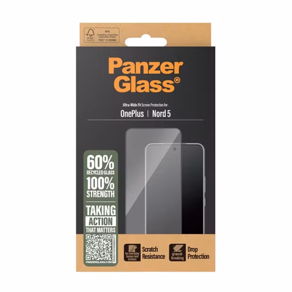 PanzerGlass Protection d'écran Ultra-Wide Fit Anti-bactérienne avec applicateur OnePlus Nord 5