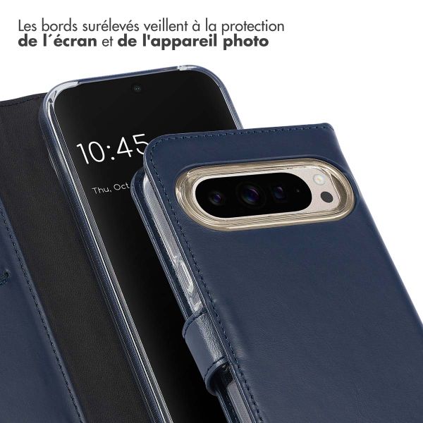 Selencia Étui de téléphone portefeuille en cuir véritable Google Pixel 9 / 9 Pro - Bleu