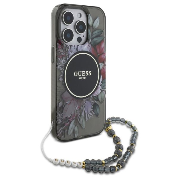 Guess MagSafe IML Flowers Case avec beads strap iPhone 15 Pro Max - Black