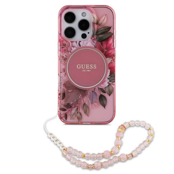 Guess MagSafe IML Flowers Case avec beads strap iPhone 15 Pro - Pink