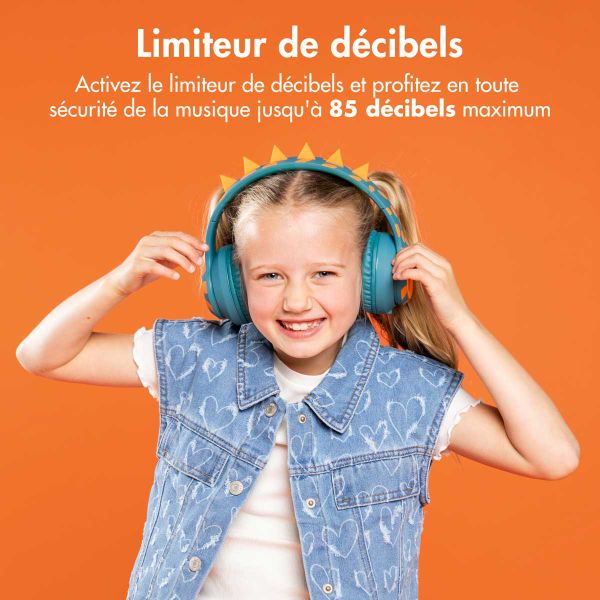 imoshion Casque sans fil pour enfants Dino LED Light - Limiteur de décibels - Avec câble AUX - Petrol Green / Orange