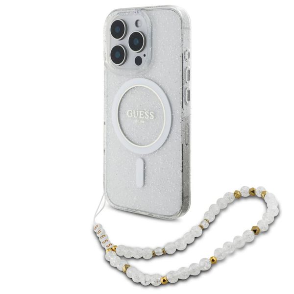 Guess MagSafe IML Glitter Case avec beads strap Apple iPhone 16 Pro - Transparent
