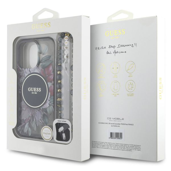 Guess MagSafe IML Flowers Case avec beads strap Apple iPhone 16 Pro Max - Noir