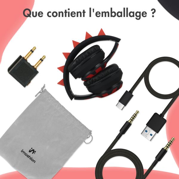 imoshion Kids Dino Bluetooth Casque - Casque pour enfants avec limiteur de décibels - Casque sans fil + câble AUX - Black / Red