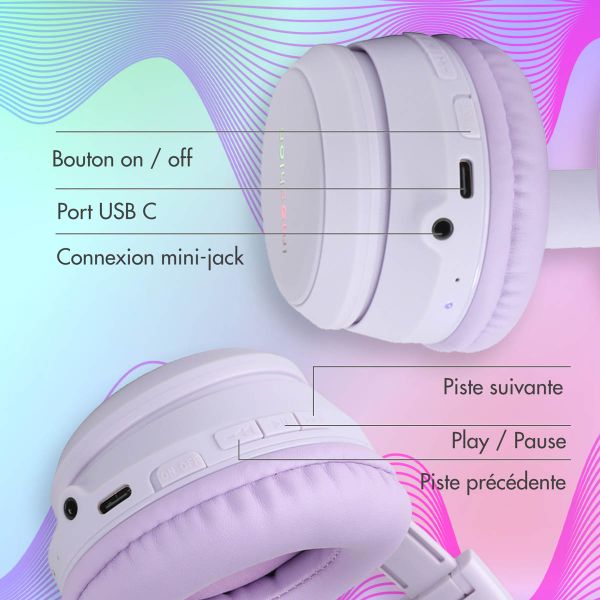 imoshion Casque sans fil pour enfants LED Light Cat Ear - Limiteur de décibels - Avec câble AUX - Lavender Lilac