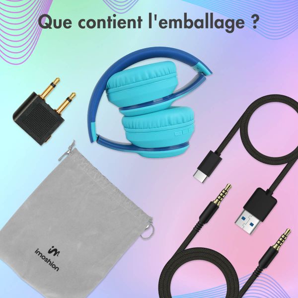 imoshion Casque sans fil pour enfants LED Light - Limiteur de décibels - Avec câble AUX - Cobalt Blue / Soft Blue