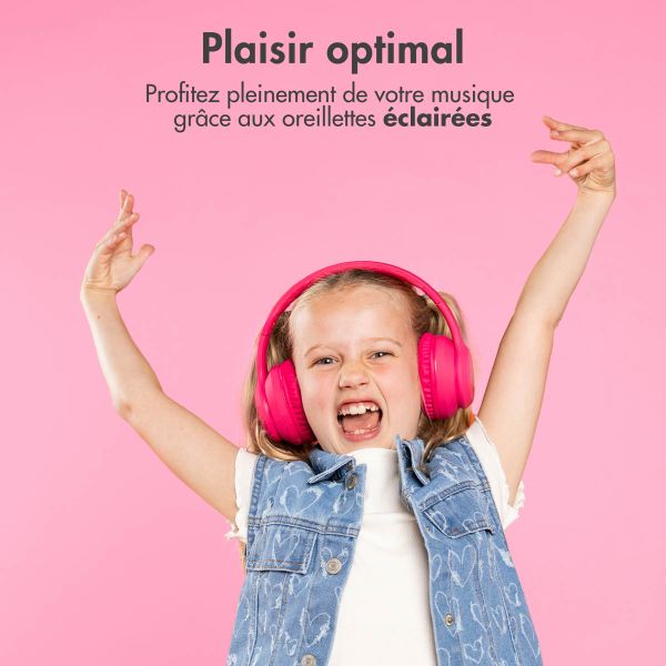 imoshion Casque pour enfants Bluetooth LED - Casque sans fil avec limiteur de décibels + Câble AUX - Hot Pink