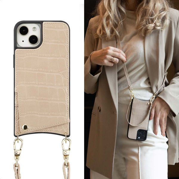 Selencia Coque de télephone Nova Croco avec cordon et porte-cartes Apple iPhone 13 - Beige
