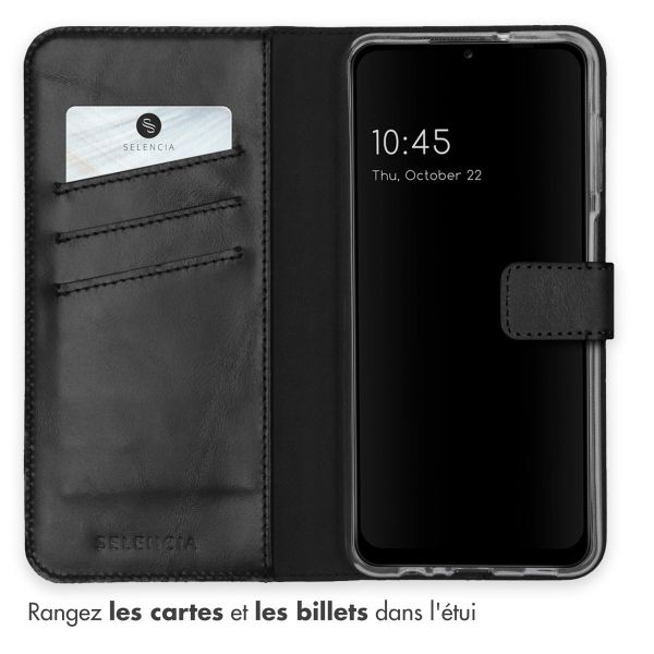 Selencia Étui portefeuille en cuir véritable Samsung Galaxy A12 - Noir