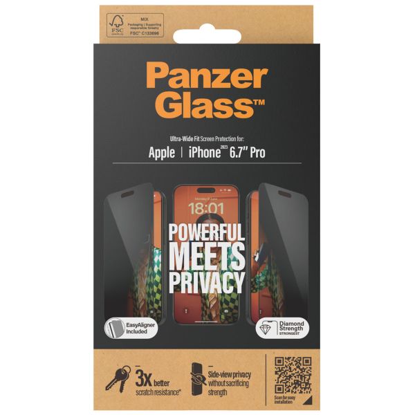 PanzerGlass ﻿Protection d'écran Privacy Ultra-Wide Fit Anti-bactérienne avec applicateur iPhone 15 Pro Max