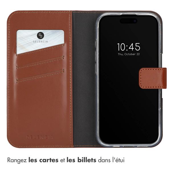 Selencia Étui portefeuille en cuir véritable Apple iPhone 16 Pro - Lichtbruin