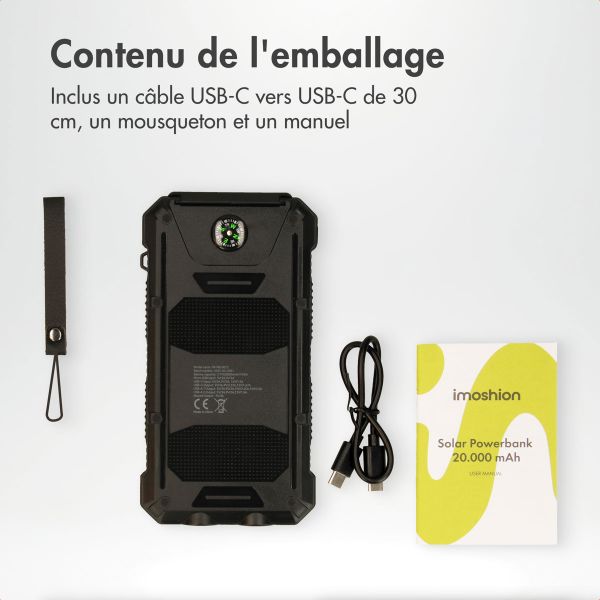 imoshion Solar Powerbank - Batterie externe avec panneau solaire - Charge rapide et fourniture d'énergie - 20.000 mAh - Noir