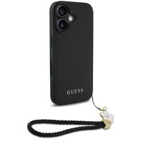 Guess Coque Grained MagSafe avec Flower Charm Strap iPhone 16 - Noir