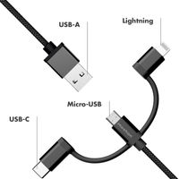 imoshion Câble 3-en-1 - Câble Lightning, USB-C et Micro-USB - Tissu tressé - 1,5 mètres - Noir