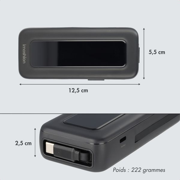 imoshion Batterie externe avec câble rétractable 10 000 mAh - Power Delivery - USB-C + Lightning - Noir