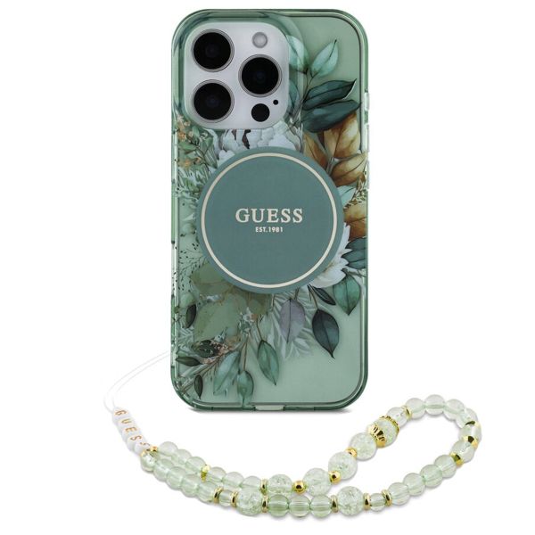 Guess MagSafe IML Flowers Case avec beads strap Apple iPhone 16 Pro Max - Green