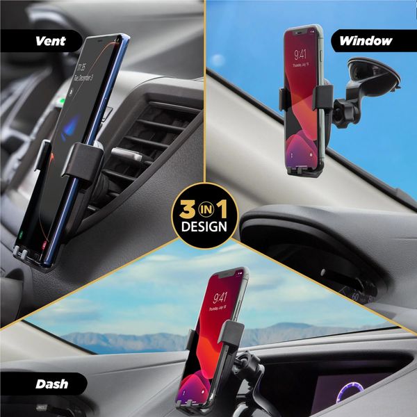 Scosche Support de téléphone GravityDrop 3-in-1 pour voiture - Universel - Tableau de bord / Pare-brise / Grille de ventilation - Noir