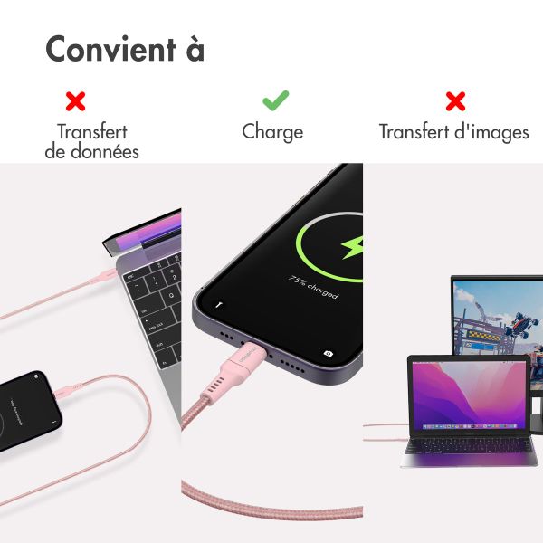 imoshion ﻿Câble Lightning vers USB-C - Non MFi - Textile tressé - 1 mètre - Rose