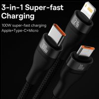 Baseus Flash Series 2 câble de charge rapide 3 en 1 - USB-C vers USB-C / Lightning / Micro-USB - 100 Watt - 1,5 mètres - Noir