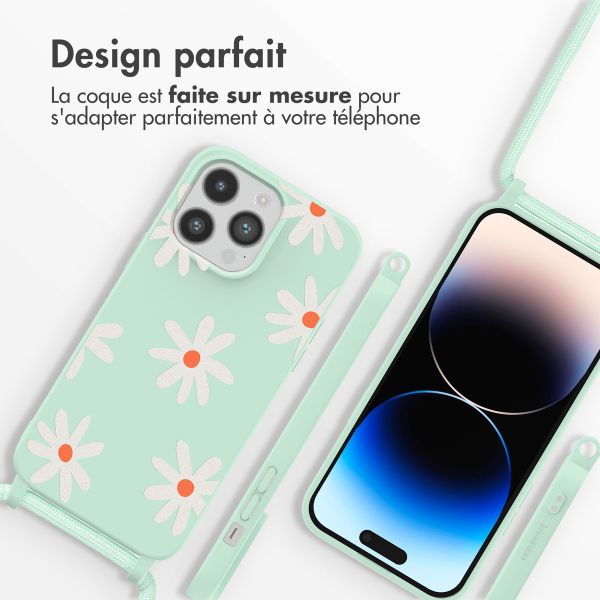 imoshion Coque design en silicone avec cordon iPhone 14 Pro - Green Flower Distance