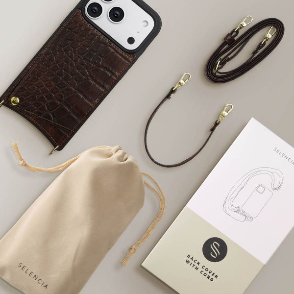 Selencia Coque de télephone Nova Croco avec cordon et porte-cartes Apple iPhone 17 Pro - Choco Brown