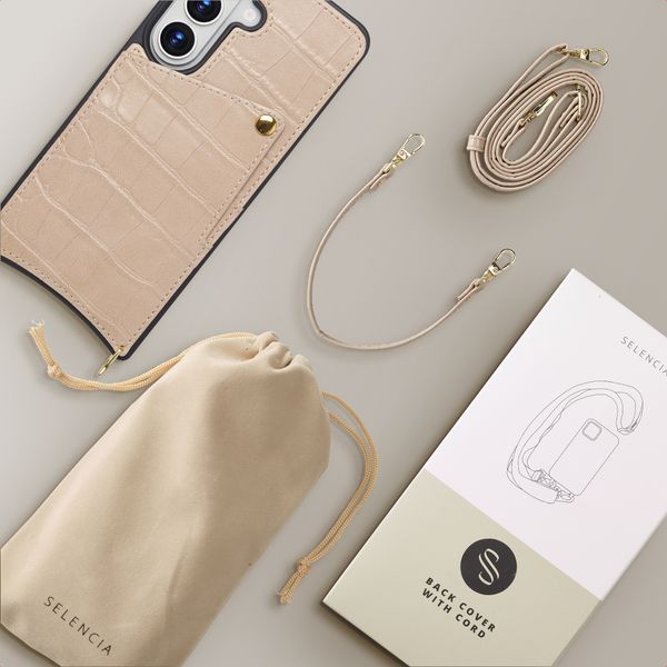 Selencia Coque de télephone Nova Croco avec cordon et porte-cartes Samsung Galaxy S26 - Beige