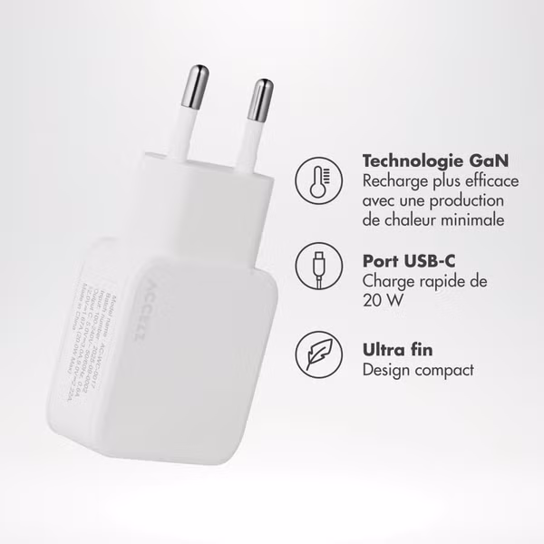 Accezz Chargeur GaN Ultra Slim - USB-C - 20 W - Blanc