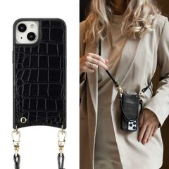 Selencia Coque Croco avec cordon et porte-cartes Nova iPhone 13 - Black