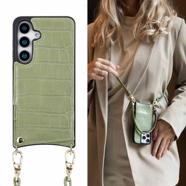 Selencia Coque Croco avec cordon et porte-cartes Nova Samsung Galaxy S25 - Sage Green