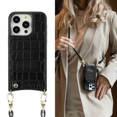 Selencia Coque Croco avec cordon et porte-cartes Nova iPhone 15 Pro - Black