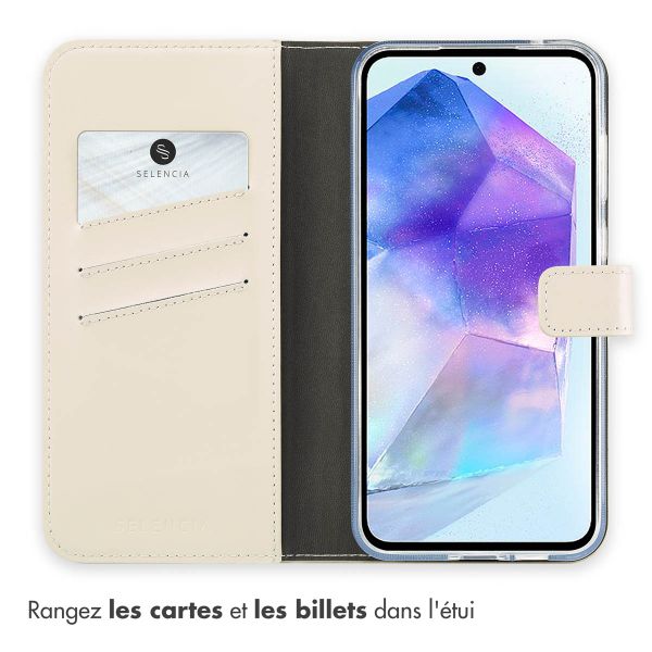Selencia Étui portefeuille en cuir véritable Samsung Galaxy A55 - Greige