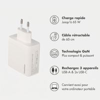 imoshion Chargeur GaN avec câble USB-C rétractable 65W - USB-A + USB-C - Blanc