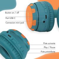 imoshion Casque sans fil pour enfants Dino LED Light - Limiteur de décibels - Avec câble AUX - Petrol Green / Orange