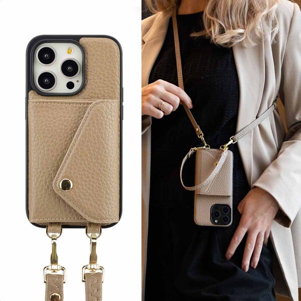 Selencia Coque à cordon avec porte-cartes enveloppe Sera iPhone 14 Pro - Beige