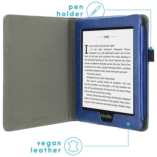imoshion Étui de liseuse portefeuille en cuir végan Amazon Kindle Paperwhite 4 - Bleu foncé