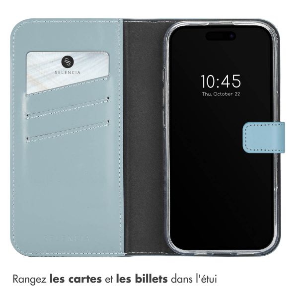 Selencia Étui de téléphone portefeuille en cuir véritable iPhone 16 Pro - Air Blue