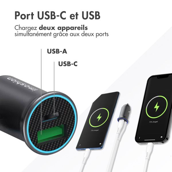 imoshion ﻿Mini chargeur de voiture - 2 ports - USB-A Quick Charge - USB-C Power Delivery - 60 Watts - Noir