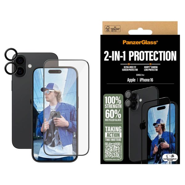 PanzerGlass ﻿Pack 2-en-1 - Protection d'écran antibactérienne Ultra-Wide Fit avec applicateur + Protection de caméra iPhone 16