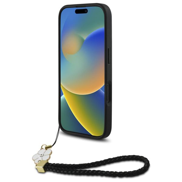 Guess Coque Grained MagSafe avec Flower Charm Strap Apple iPhone 16 - Noir