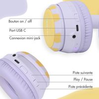imoshion Casque sans fil pour enfants Dino LED Light - Limiteur de décibels - Avec câble AUX - Lavender Lilac / Yellow