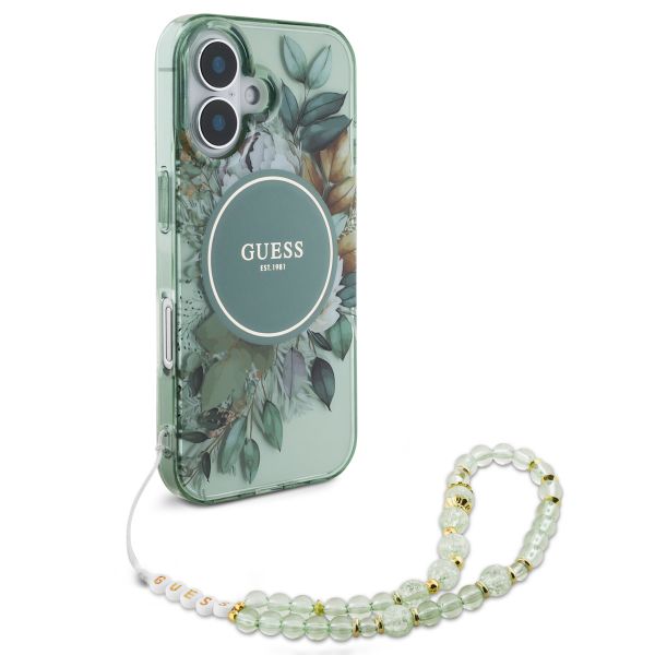 Guess MagSafe IML Flowers Case avec beads strap iPhone 16 - Green