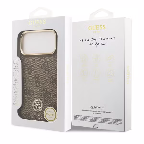 Guess Coque arrière en cuir avec logo Strass classique et MagSafe Apple iPhone 17 Pro - Marron