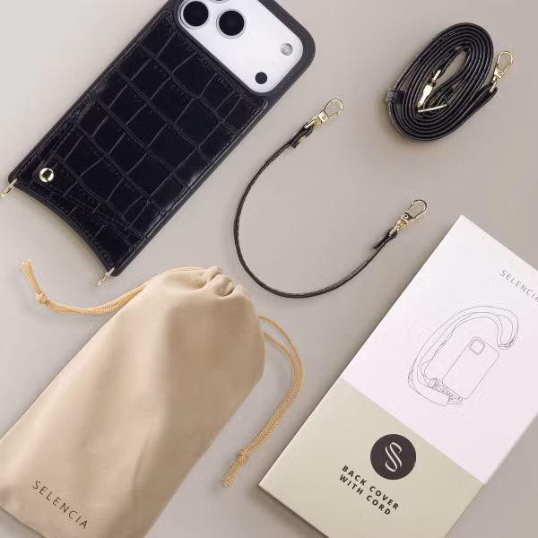 Selencia Coque de télephone Nova Croco avec cordon et porte-cartes Apple iPhone 17 Pro Max - Noir