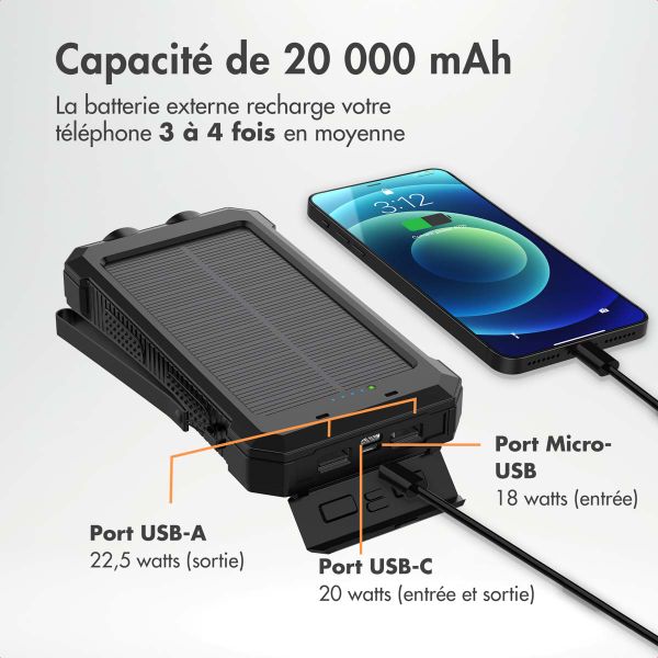 imoshion Solar Powerbank - Batterie externe avec panneau solaire - Charge rapide et fourniture d'énergie - 20.000 mAh - Noir
