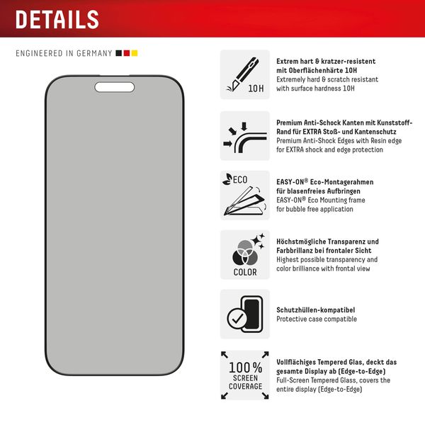 Displex Protection d'écran en verre trempé Privacy Apple iPhone 16 Pro